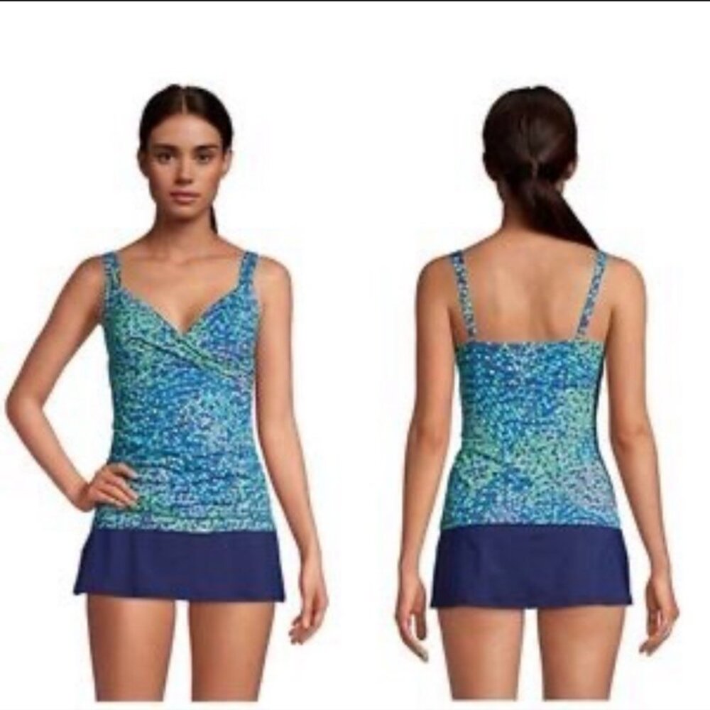 Lands' End - Women's 14 to 16 Tankini Top Blue Green Checked Print Ruched Side